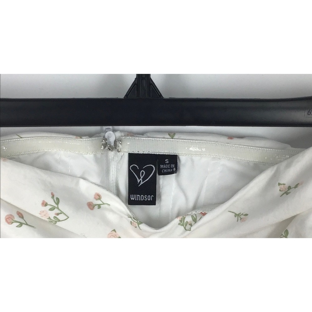 Strapless Ruched Fit & Flare Dress White Rosebud Floral Bow Sash Coquette S - Picture 3 of 10